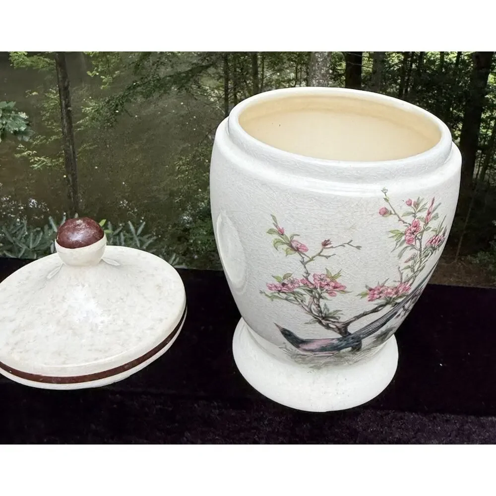 Antique Porcelain Jar & Lid With Bird & Cherry Blossom Tree Marked USA